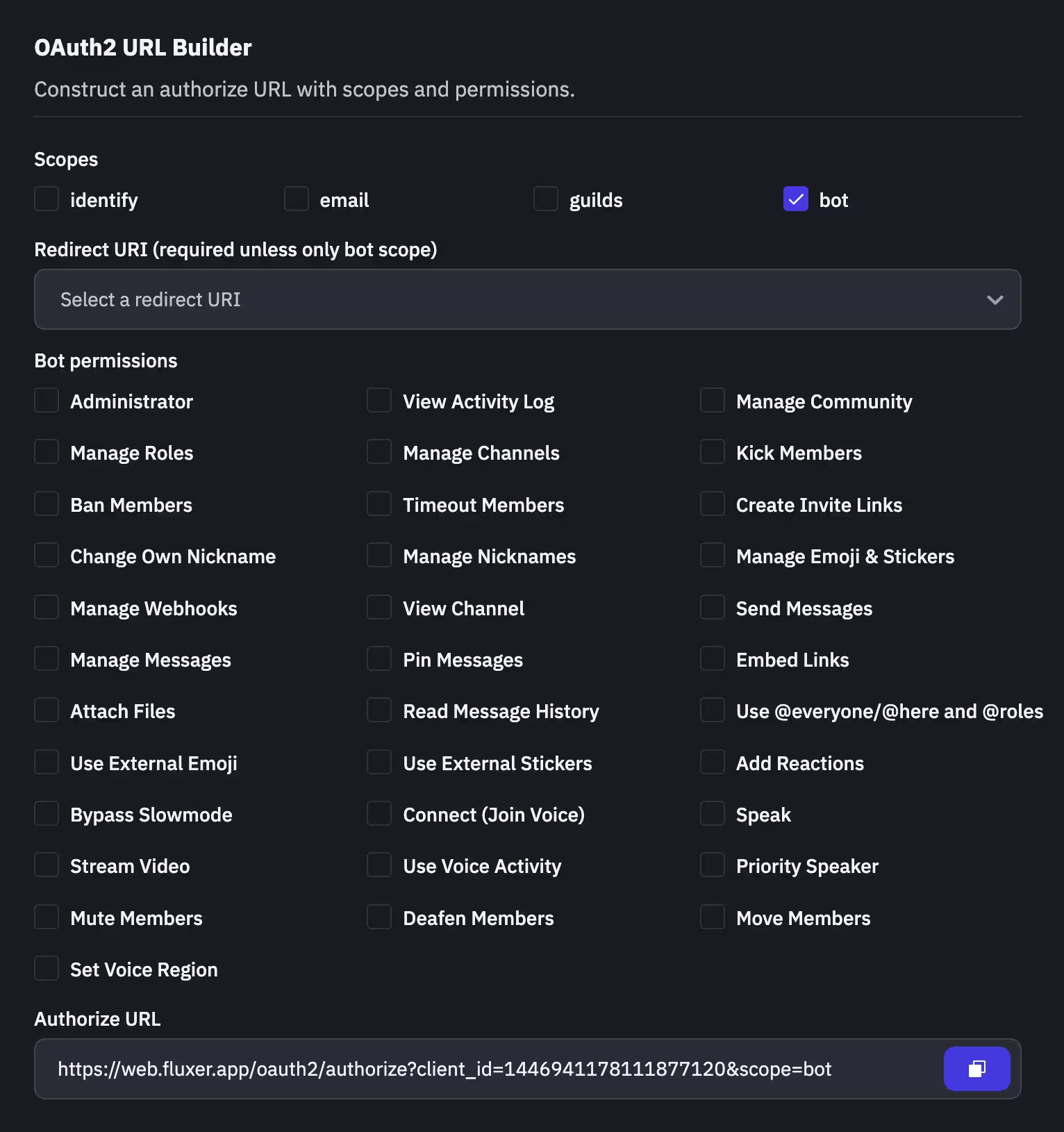 OAuth2 URL Builder with the Bot scope selected